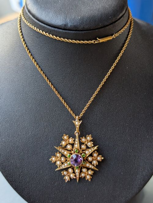 SUFFRAGETTE PENDANT 15CT GOLD PERIDOT AMETHYST PEARL - ADDITIONAL PHOTO 4