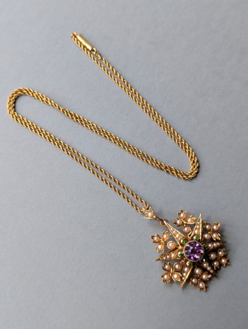 SUFFRAGETTE PENDANT 15CT GOLD PERIDOT AMETHYST PEARL - ADDITIONAL PHOTO 5