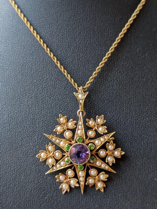 SUFFRAGETTE PENDANT 15CT GOLD PERIDOT AMETHYST PEARL - ADDITIONAL PHOTO 6
