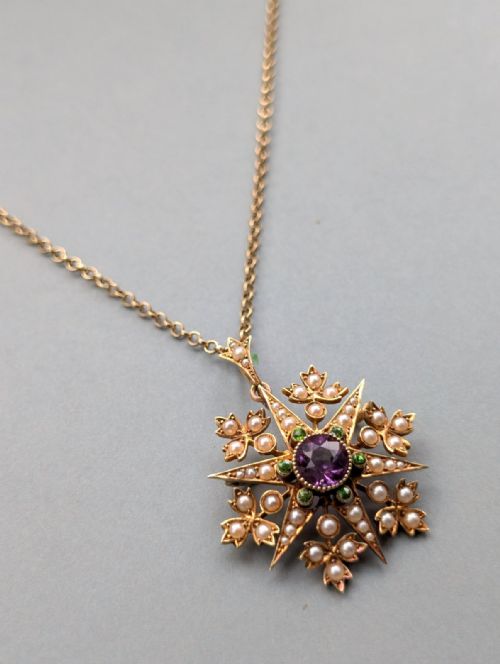 SUFFRAGETTE PENDANT 15CT GOLD PERIDOT AMETHYST PEARL - ADDITIONAL PHOTO 9