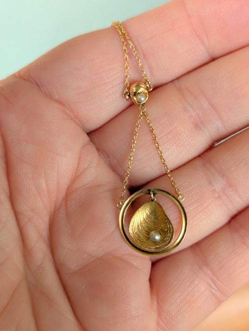 ANTIQUE 9CT GOLD SHELL PEARL PENDANT NECKLACE - ADDITIONAL PHOTO 4