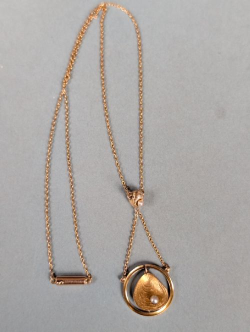 ANTIQUE 9CT GOLD SHELL PEARL PENDANT NECKLACE - ADDITIONAL PHOTO 5