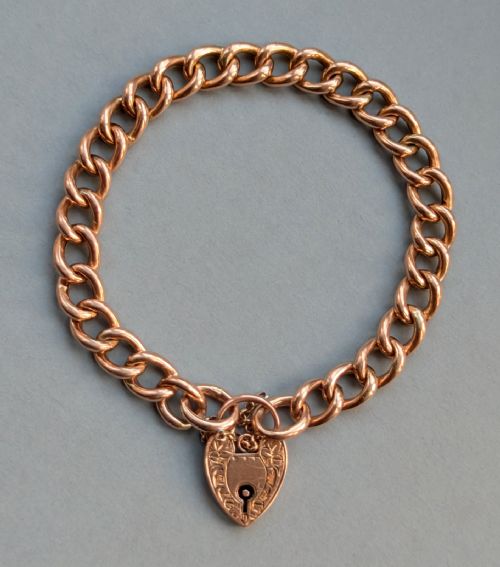 antique 9ct rose gold curb chain heart padlock bracelet - CATEGORY: ANTIQUE JEWELLERY - DATED 1900
