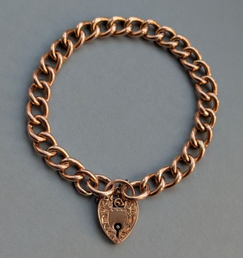 ANTIQUE 9CT ROSE GOLD CURB CHAIN HEART PADLOCK BRACELET - ADDITIONAL PHOTO 1