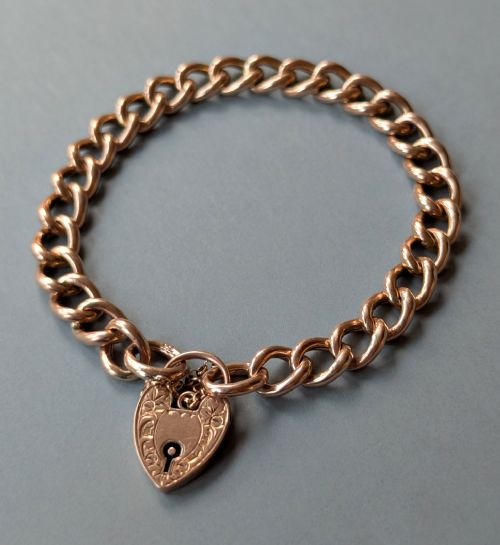 ANTIQUE 9CT ROSE GOLD CURB CHAIN HEART PADLOCK BRACELET - ADDITIONAL PHOTO 2