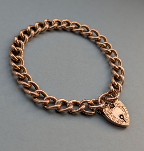 ANTIQUE 9CT ROSE GOLD CURB CHAIN HEART PADLOCK BRACELET - ADDITIONAL PHOTO 3