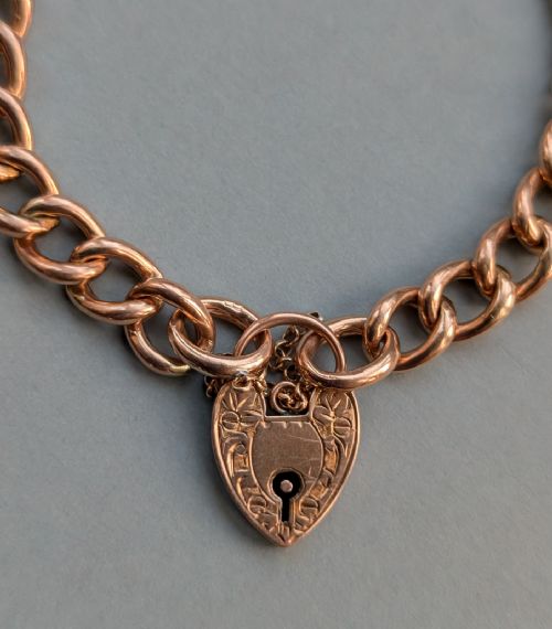 ANTIQUE 9CT ROSE GOLD CURB CHAIN HEART PADLOCK BRACELET - ADDITIONAL PHOTO 4