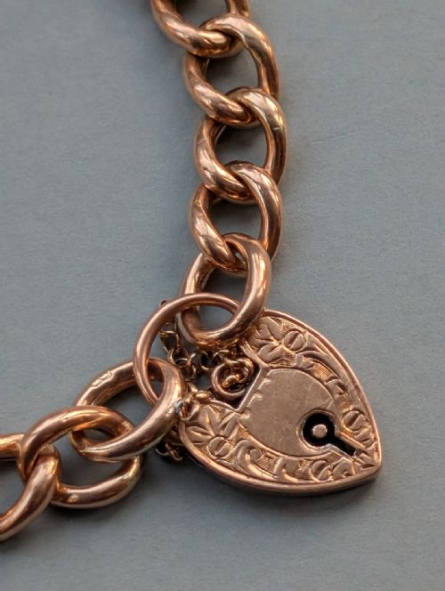 ANTIQUE 9CT ROSE GOLD CURB CHAIN HEART PADLOCK BRACELET - ADDITIONAL PHOTO 6