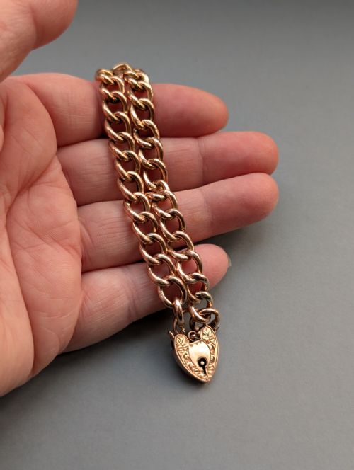 ANTIQUE 9CT ROSE GOLD CURB CHAIN HEART PADLOCK BRACELET - ADDITIONAL PHOTO 7
