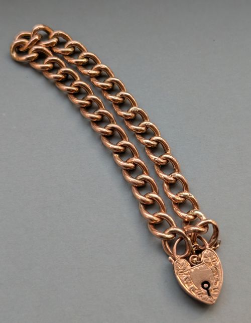 ANTIQUE 9CT ROSE GOLD CURB CHAIN HEART PADLOCK BRACELET - ADDITIONAL PHOTO 11