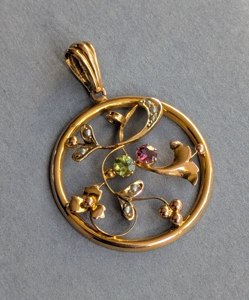 SUFFRAGETTE PENDANT 9CT GOLD PERIDOT AMETHYST PEARL - ADDITIONAL PHOTO 2