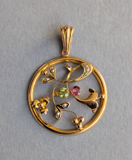 SUFFRAGETTE PENDANT 9CT GOLD PERIDOT AMETHYST PEARL - ADDITIONAL PHOTO 4