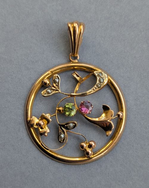 SUFFRAGETTE PENDANT 9CT GOLD PERIDOT AMETHYST PEARL - ADDITIONAL PHOTO 5
