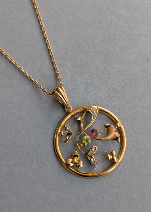 SUFFRAGETTE PENDANT 9CT GOLD PERIDOT AMETHYST PEARL - ADDITIONAL PHOTO 7