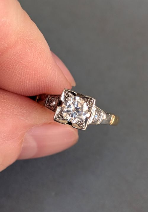 ART DECO 18CT GOLD PLATINUM DIAMOND SOLITAIRE ENGAGEMENT RING - ADDITIONAL PHOTO 6