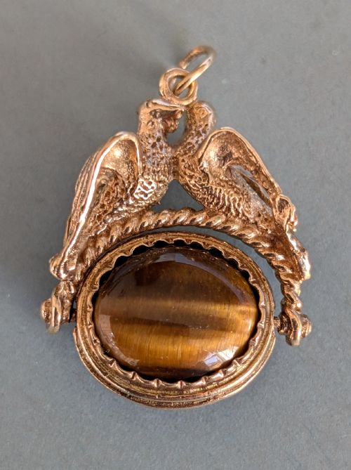 antique 9ct gold spinning fob doves and tigers eye - CATEGORY: ANTIQUE JEWELLERY - DATED 1950