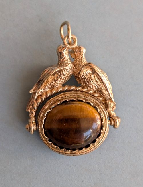 ANTIQUE 9CT GOLD SPINNING FOB DOVES AND TIGERS EYE - ADDITIONAL PHOTO 7