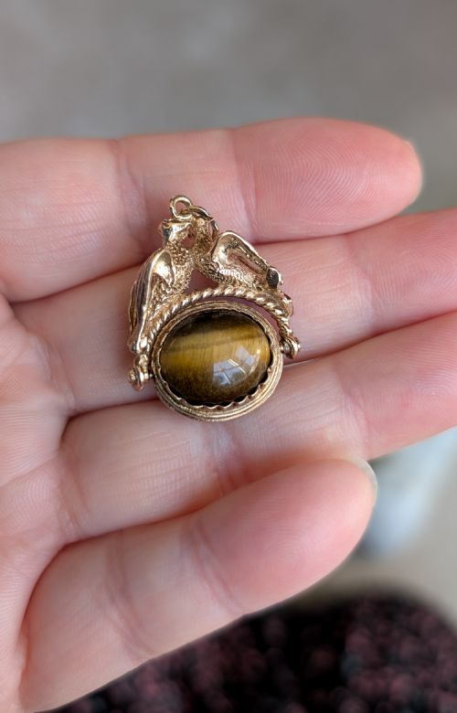 ANTIQUE 9CT GOLD SPINNING FOB DOVES AND TIGERS EYE - ADDITIONAL PHOTO 10