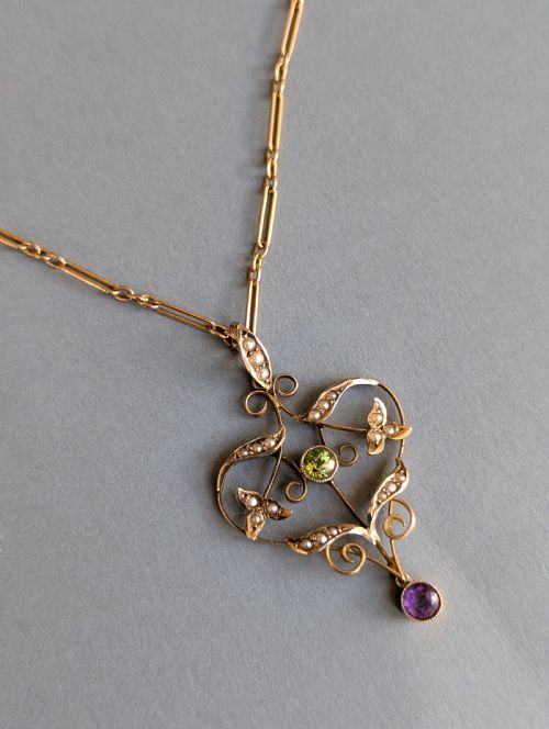 fig 1. Antique Gold Peridot Amethyst Pearl Suffragette Pendant and chain