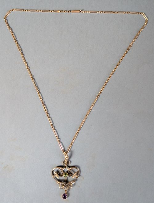 fig 3. Antique Gold Peridot Amethyst Pearl Suffragette Pendant and chain