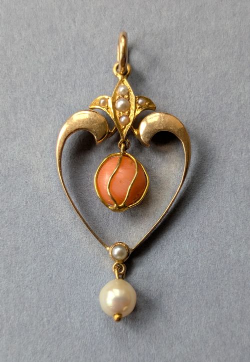VICTORIAN 15CT GOLD CORAL PEARL HEART PENDANT - ADDITIONAL PHOTO 2