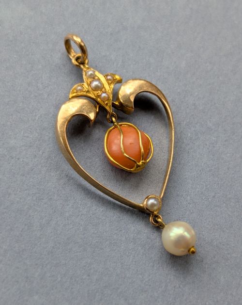 VICTORIAN 15CT GOLD CORAL PEARL HEART PENDANT - ADDITIONAL PHOTO 4