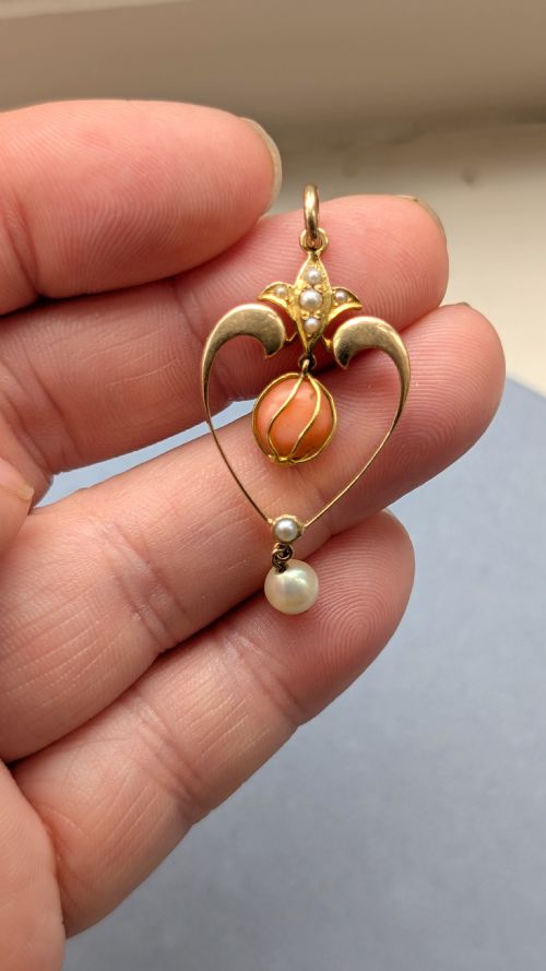 VICTORIAN 15CT GOLD CORAL PEARL HEART PENDANT - ADDITIONAL PHOTO 5