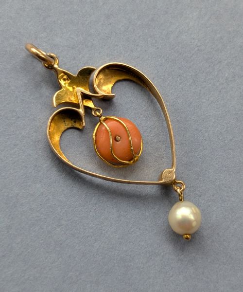VICTORIAN 15CT GOLD CORAL PEARL HEART PENDANT - ADDITIONAL PHOTO 6