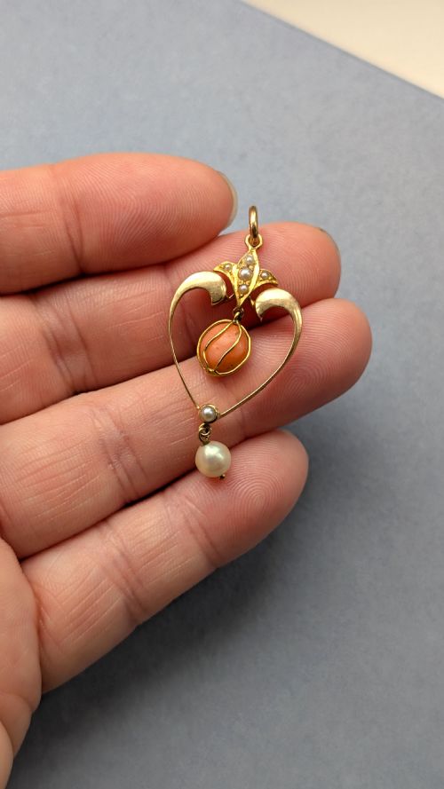VICTORIAN 15CT GOLD CORAL PEARL HEART PENDANT - ADDITIONAL PHOTO 7