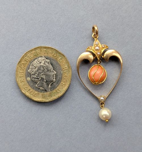 VICTORIAN 15CT GOLD CORAL PEARL HEART PENDANT - ADDITIONAL PHOTO 8