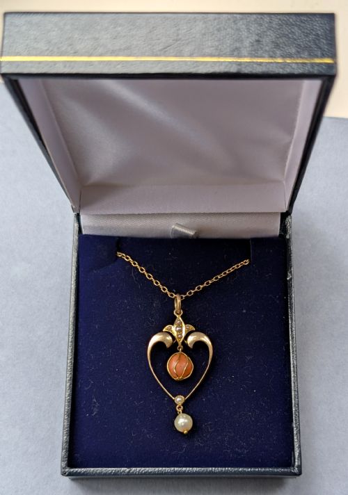 VICTORIAN 15CT GOLD CORAL PEARL HEART PENDANT - ADDITIONAL PHOTO 9