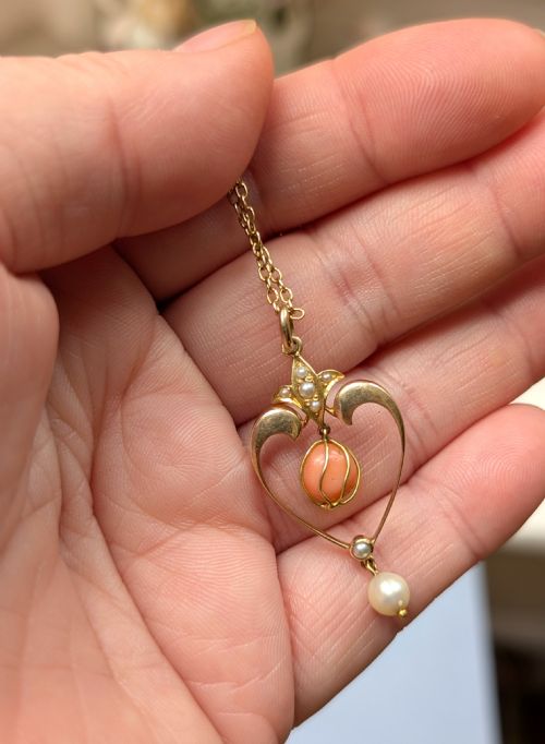 VICTORIAN 15CT GOLD CORAL PEARL HEART PENDANT - ADDITIONAL PHOTO 10