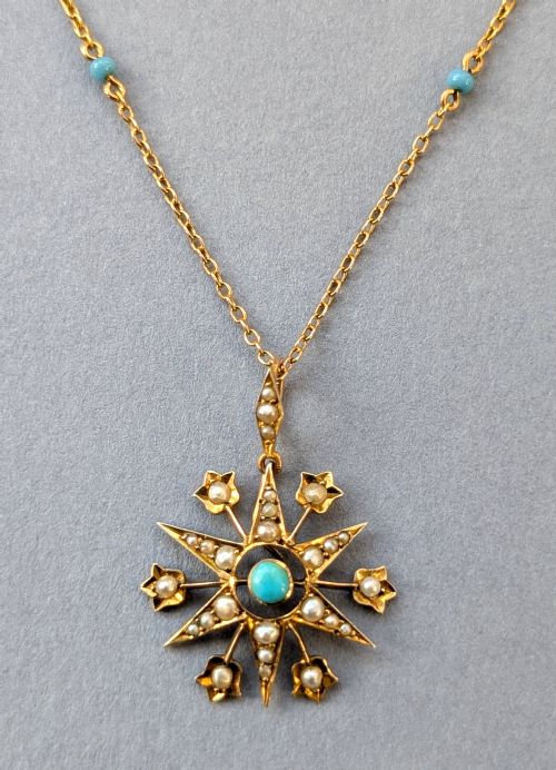 VICTORIAN 9CT GOLD TURQUOISE STAR PENDANT AND CHAIN