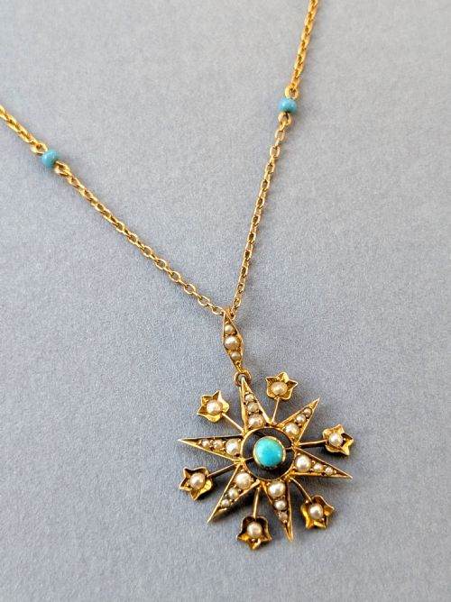 VICTORIAN 9CT GOLD TURQUOISE STAR PENDANT AND CHAIN - ADDITIONAL PHOTO 1