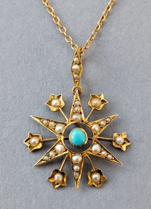 VICTORIAN 9CT GOLD TURQUOISE STAR PENDANT AND CHAIN - ADDITIONAL PHOTO 2