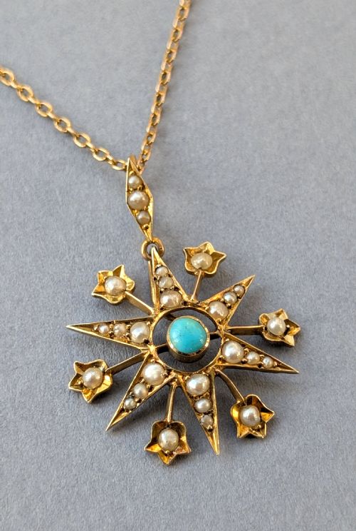 VICTORIAN 9CT GOLD TURQUOISE STAR PENDANT AND CHAIN - ADDITIONAL PHOTO 3