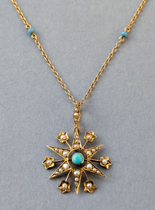 VICTORIAN 9CT GOLD TURQUOISE STAR PENDANT AND CHAIN - ADDITIONAL PHOTO 4