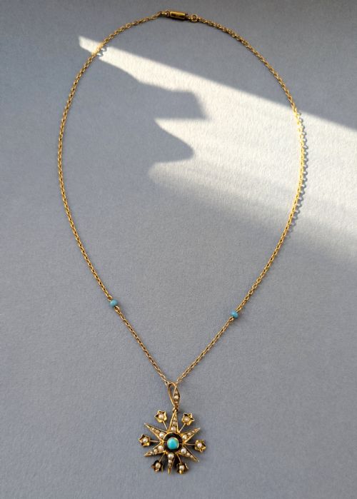 VICTORIAN 9CT GOLD TURQUOISE STAR PENDANT AND CHAIN - ADDITIONAL PHOTO 5