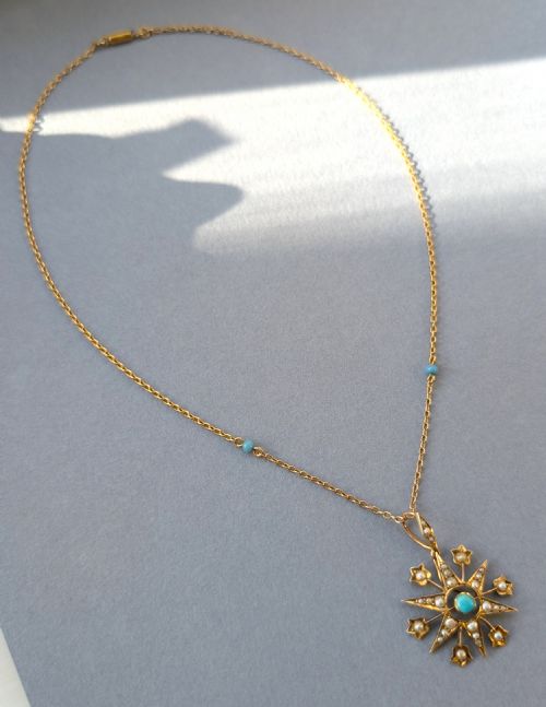 VICTORIAN 9CT GOLD TURQUOISE STAR PENDANT AND CHAIN - ADDITIONAL PHOTO 6