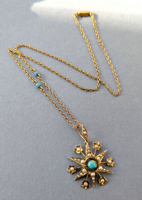 VICTORIAN 9CT GOLD TURQUOISE STAR PENDANT AND CHAIN - ADDITIONAL PHOTO 7