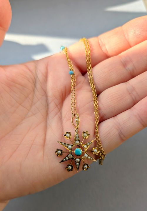VICTORIAN 9CT GOLD TURQUOISE STAR PENDANT AND CHAIN - ADDITIONAL PHOTO 8