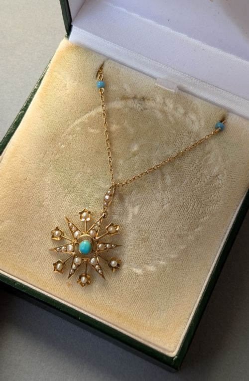VICTORIAN 9CT GOLD TURQUOISE STAR PENDANT AND CHAIN - ADDITIONAL PHOTO 10