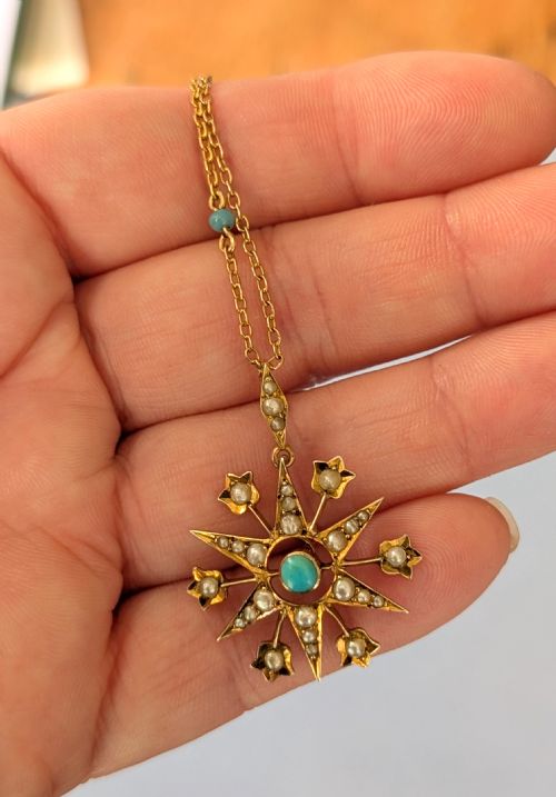 VICTORIAN 9CT GOLD TURQUOISE STAR PENDANT AND CHAIN - ADDITIONAL PHOTO 12