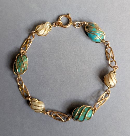 Antique 9ct Rose Gold Turquoise Pearl Bracelet