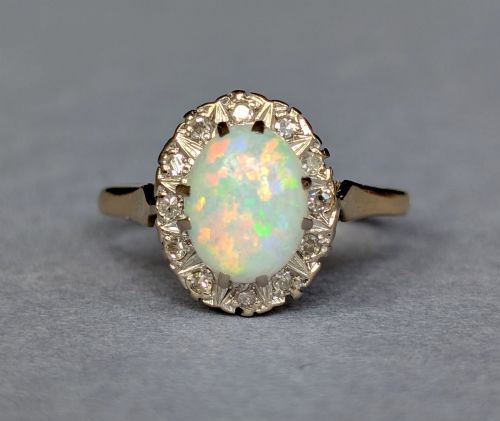 Mid century 18ct Gold Opal Diamond Cluster Ring