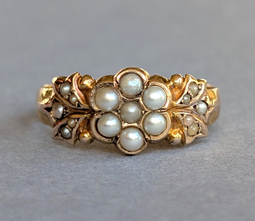 Victorian 15ct Gold Pearl Flower Ring c1890