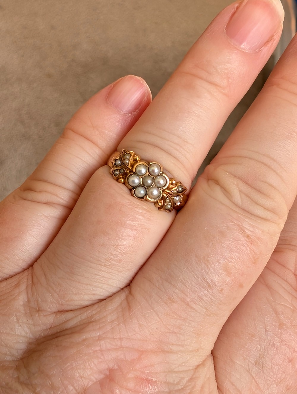 Victorian 15ct Gold Pearl Flower Ring c1890 View IX