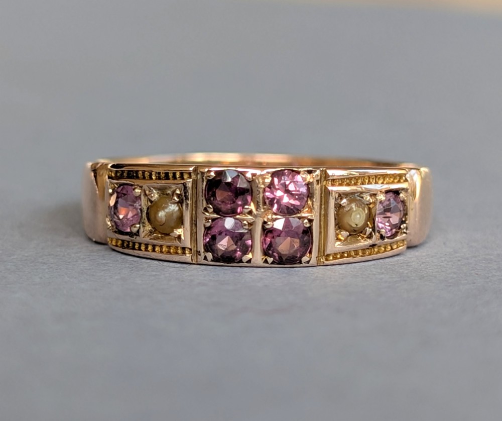 Edwardian 9ct rose gold garnet and pearl ring c1903