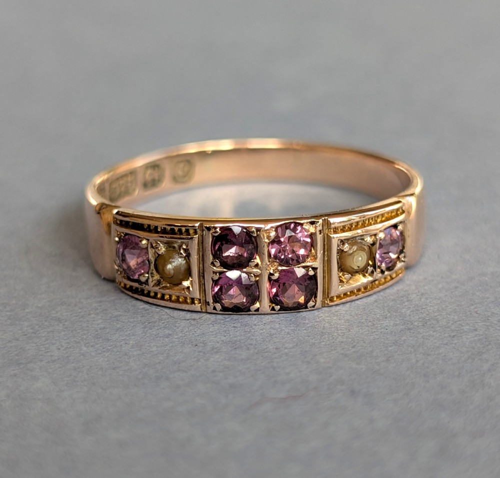 Edwardian 9ct rose gold garnet and pearl ring c1903 View II