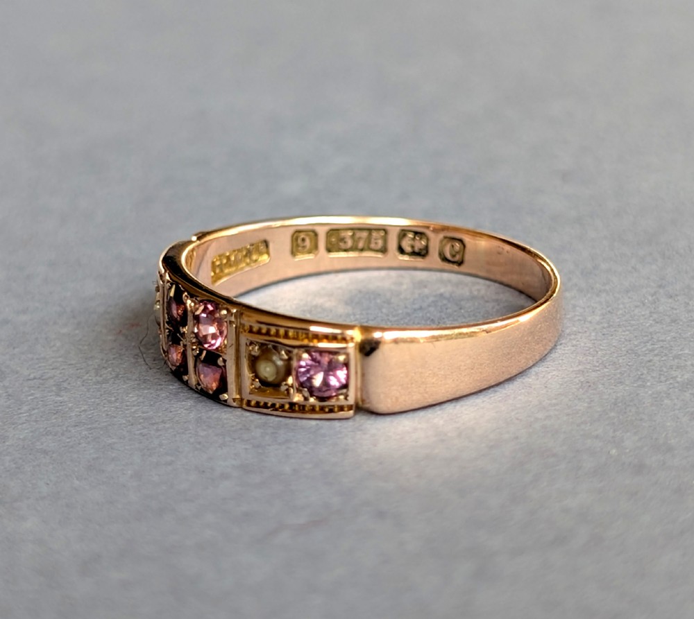 Edwardian 9ct rose gold garnet and pearl ring c1903 View IV
